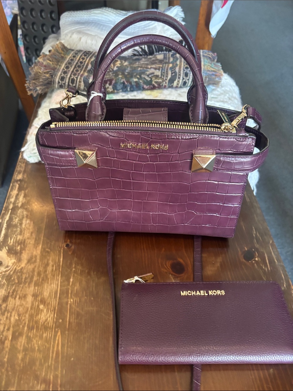 Michael Kors Plum Croc-Embossed Satchel with Matching Wristlet